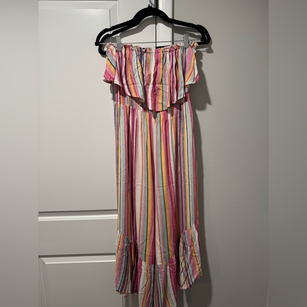 Lush Pink and Yellow Striped Ruffle Jumpsuit - Picture 4 of 4